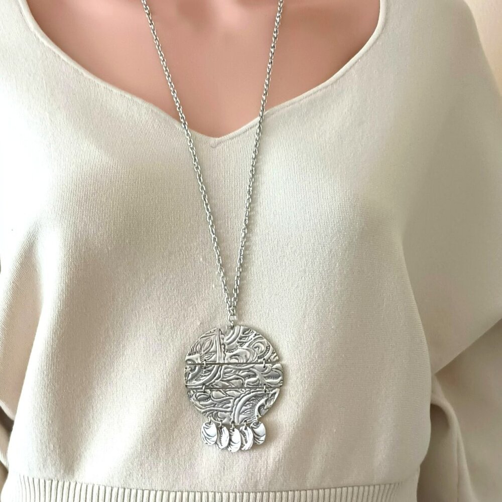 Karma Bella Embossed Pendant Necklace 32" Large Silver Round Boho Jewelry